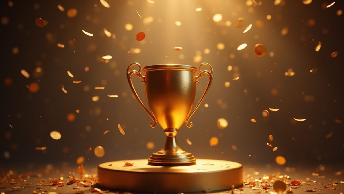 Un trofeo dorado en un podio rodeado de confeti.