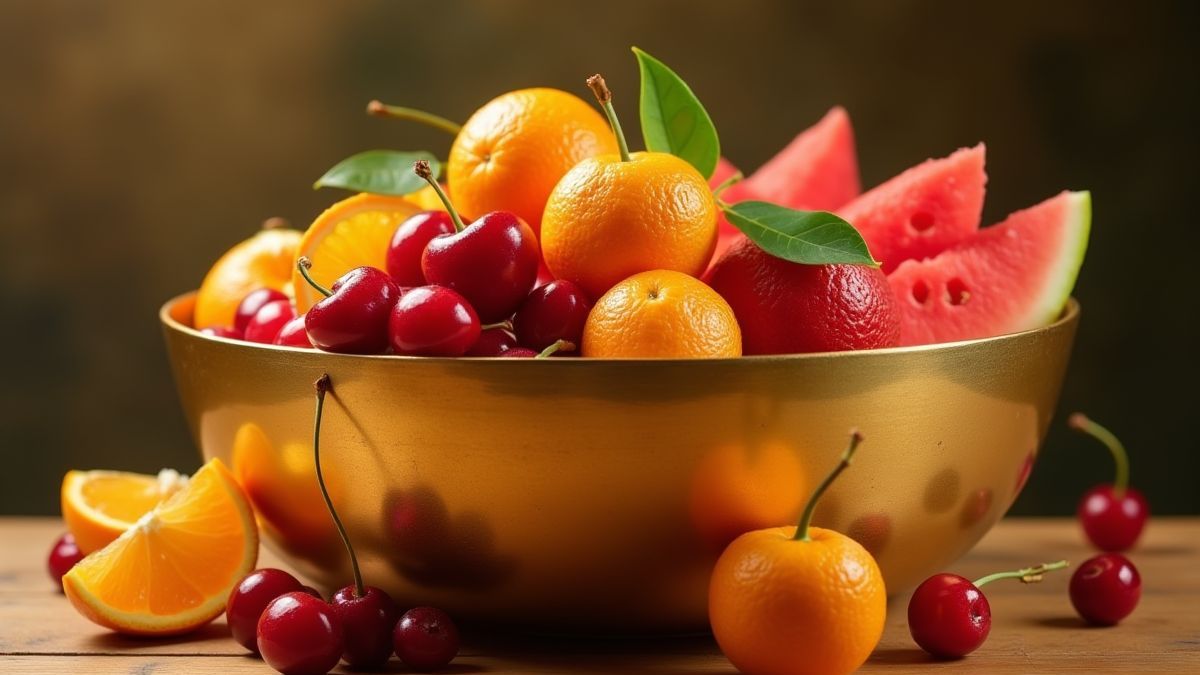 Luxurious fruits in an Art Deco design bowl.