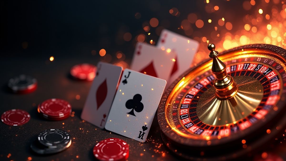 Visuelle Darstellung von Pokerchips, Spielkarten und Roulette-Rädern.