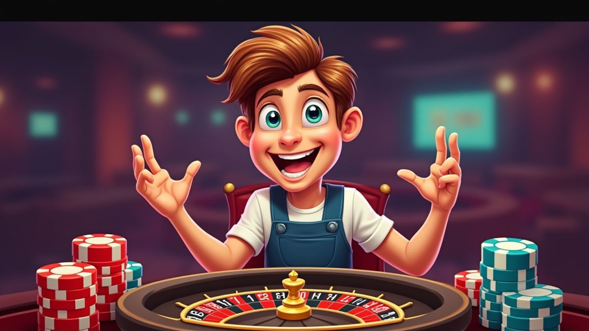 Fröhlicher Spieler in einem Casino mit Chips und Rouletten.