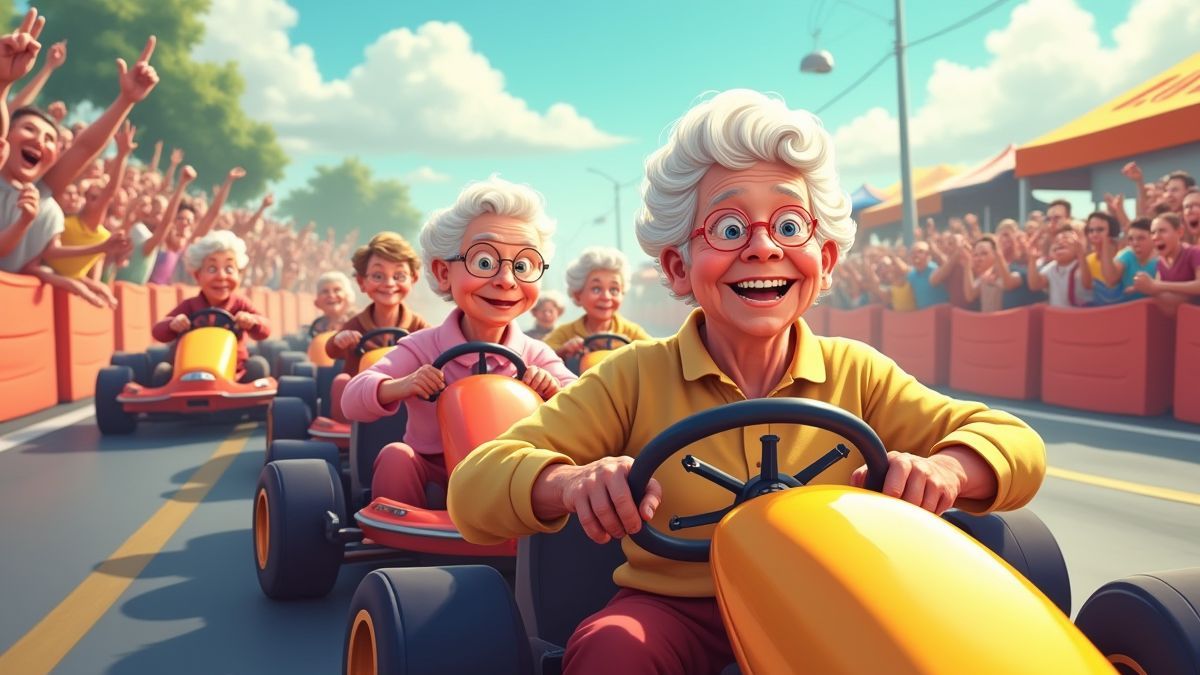 Großmütter in Karts, die mit Begeisterung antreten.