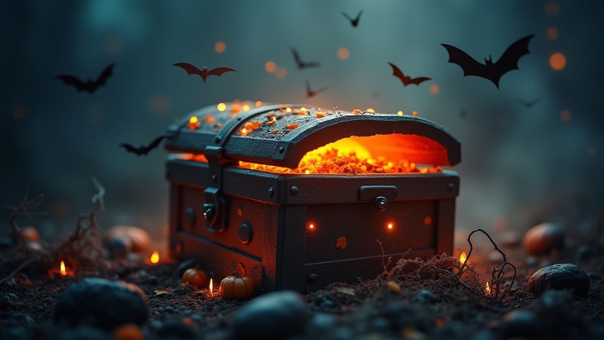 Eine leuchtende Schatztruhe umgeben von gruseligen Elementen wie Fledermäusen und Nebel.