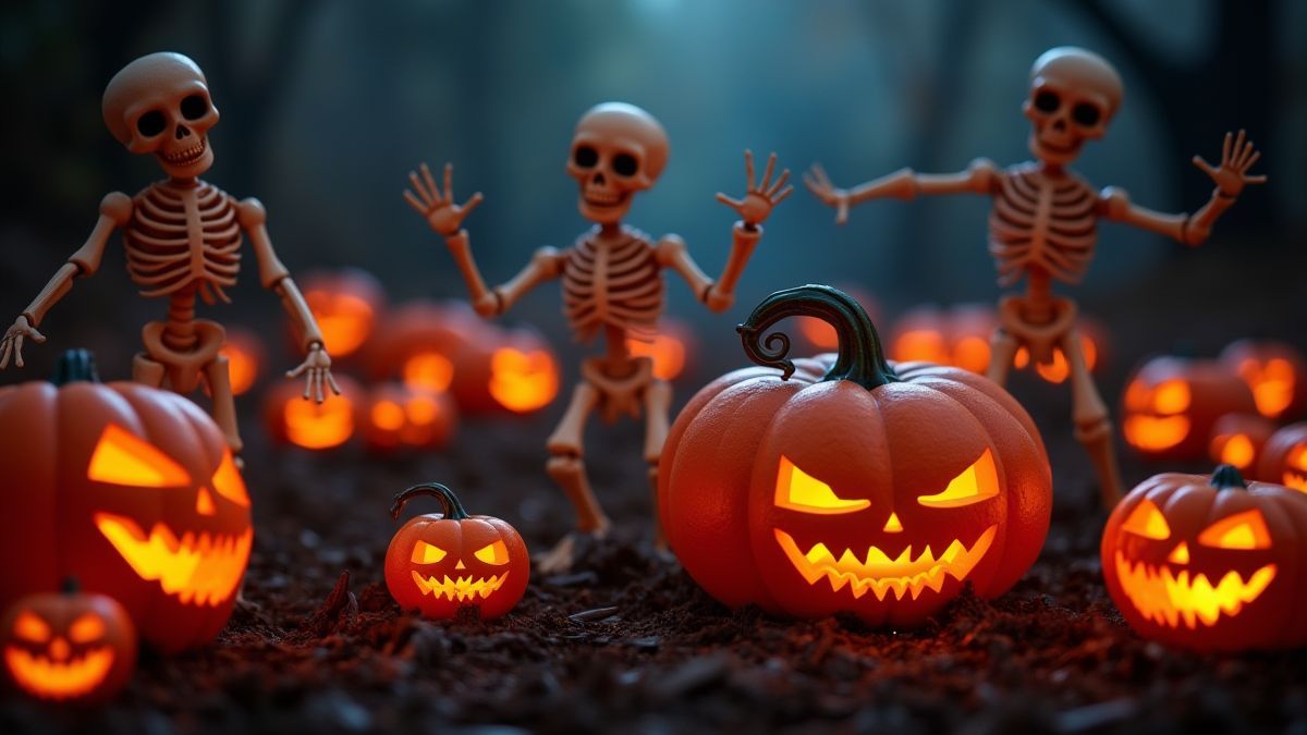 Ein Halloween-Themen-Setting mit leuchtenden Kürbissen und tanzenden Skelette.