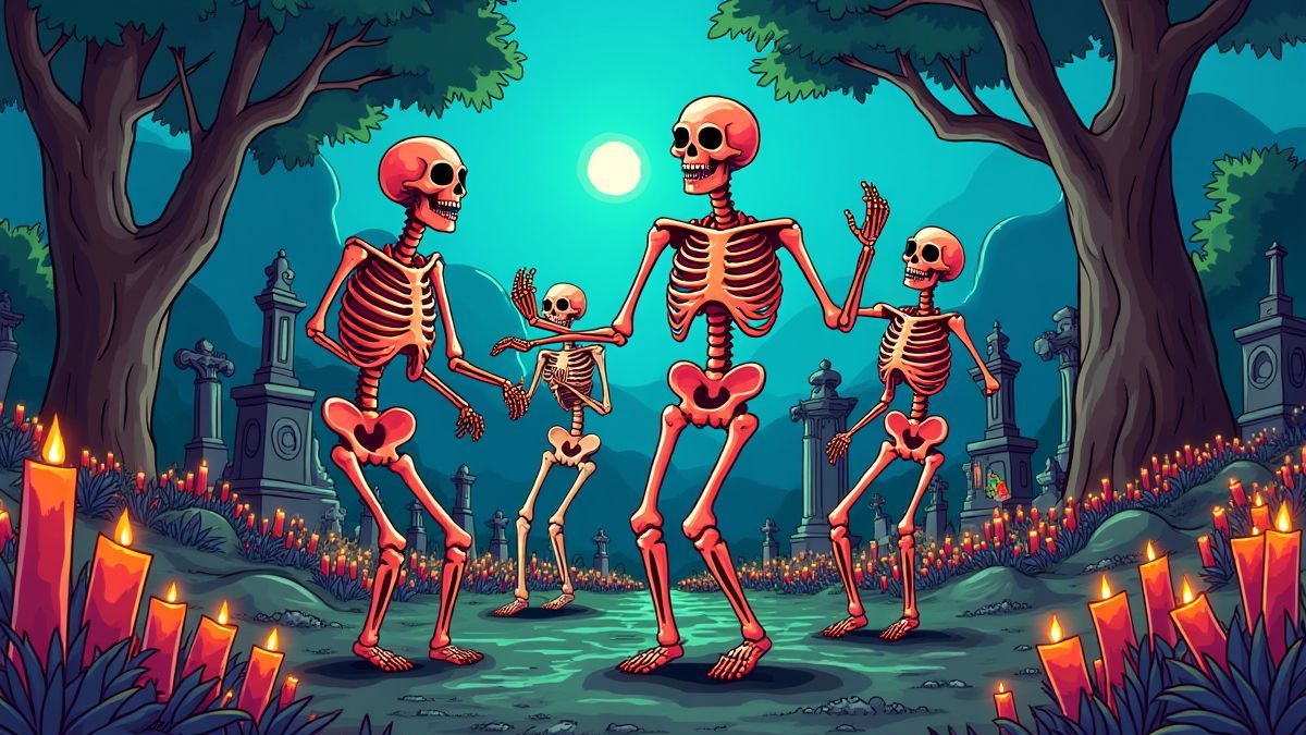 Bunte Skelette, die während eines Festivals auf einem Friedhof tanzen.