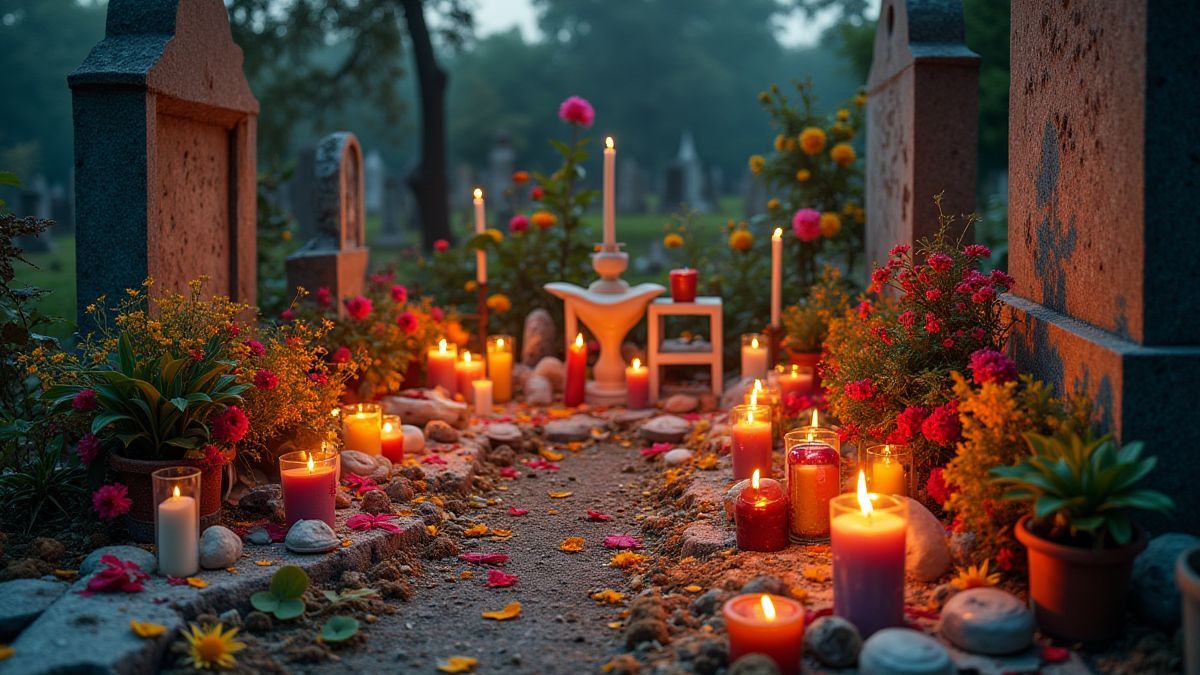 Ein bunter Altar mit Kerzen und Opfergaben in einem Friedhof.