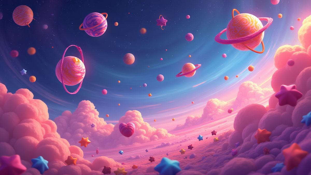 Una galaxia colorida llena de planetas de caramelos y estrellas dulces