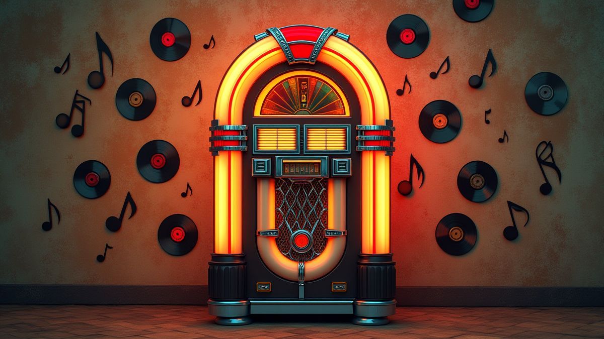 Jukebox retro con discos de vinilo y notas musicales.