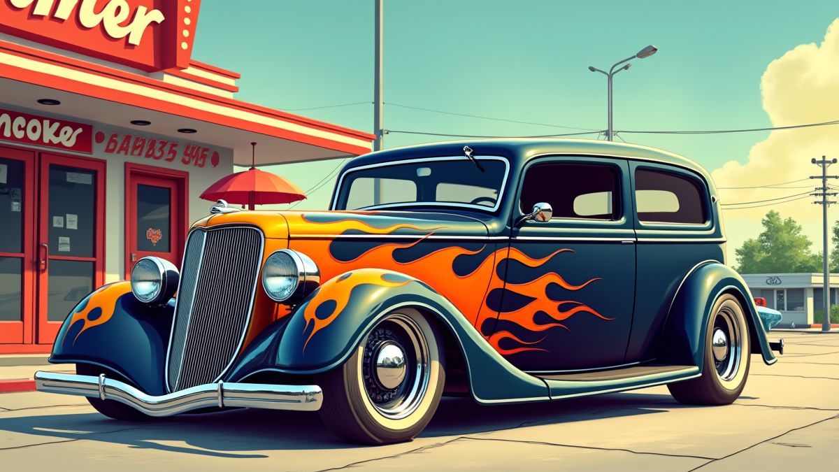 Coche clásico con llamas pintadas al lado de un diner.