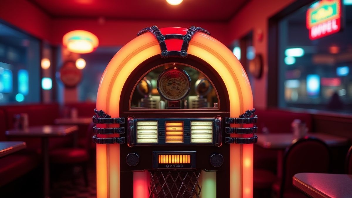Jukebox illuminée dans un diner rétro.