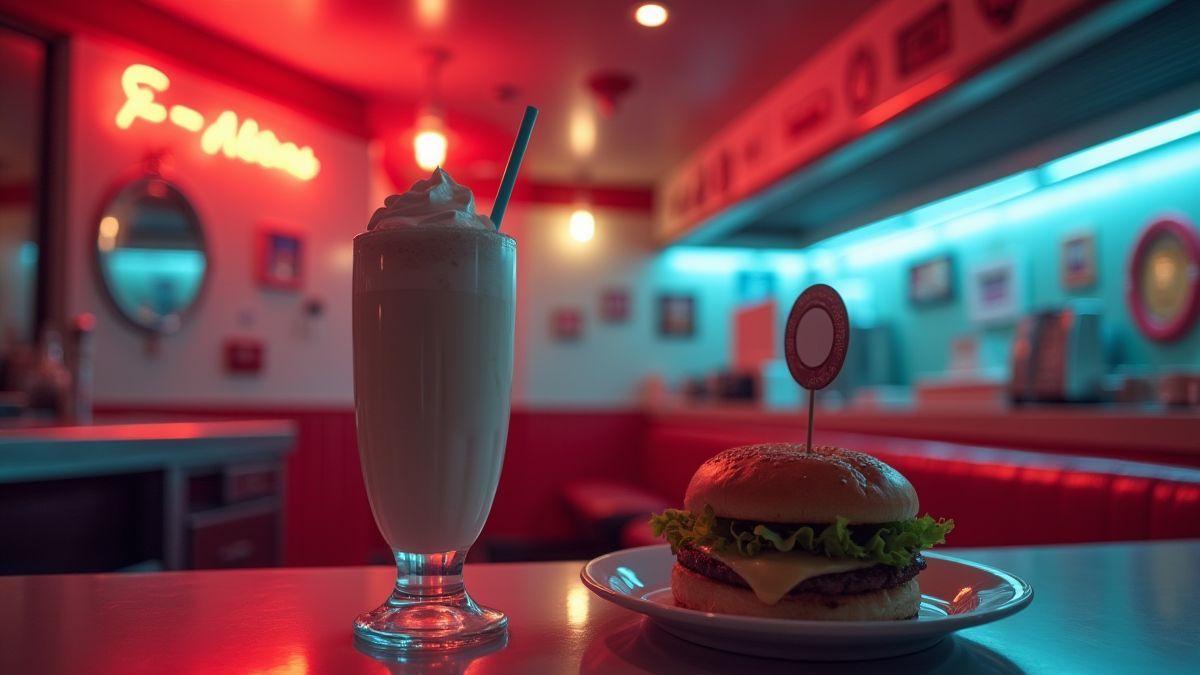 Interieur van een retro diner verlicht met neonlichten.