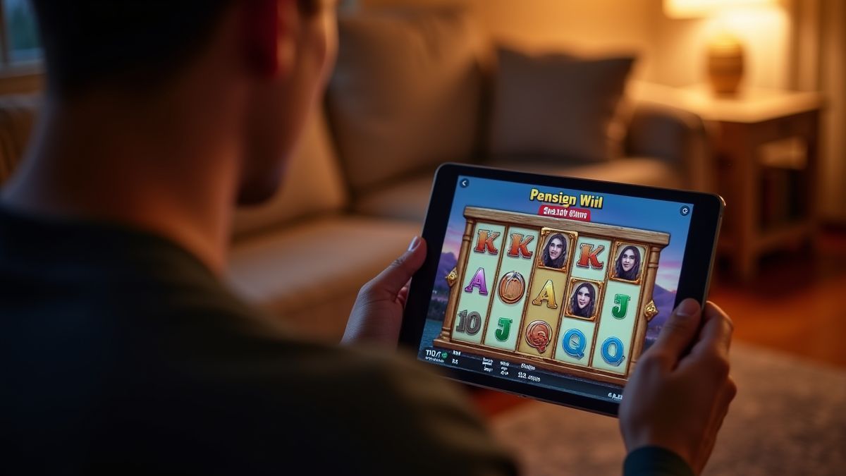 Persoon die een gokkast speelt op een tablet in zijn woonkamer.