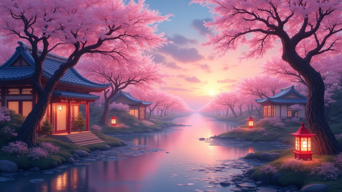 Paisaje oriental con árboles de cerezo y farolillos.