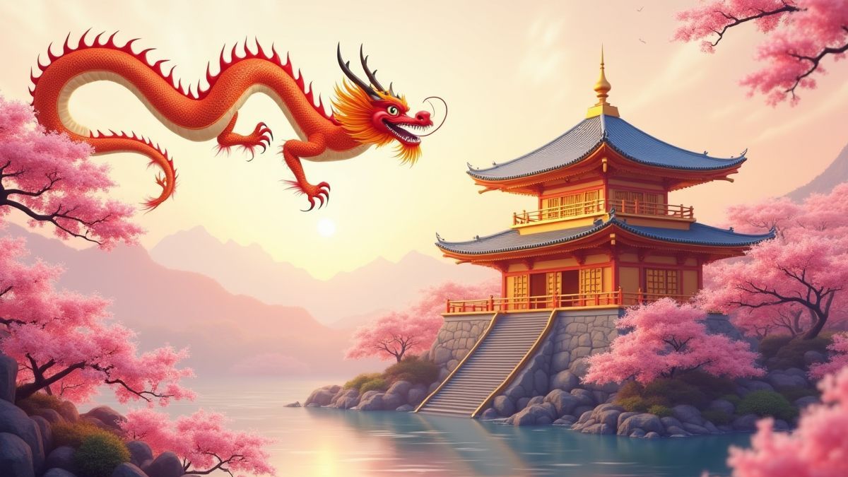 Dragón chino sobre un templo dorado rodeado de flores de cerezo.