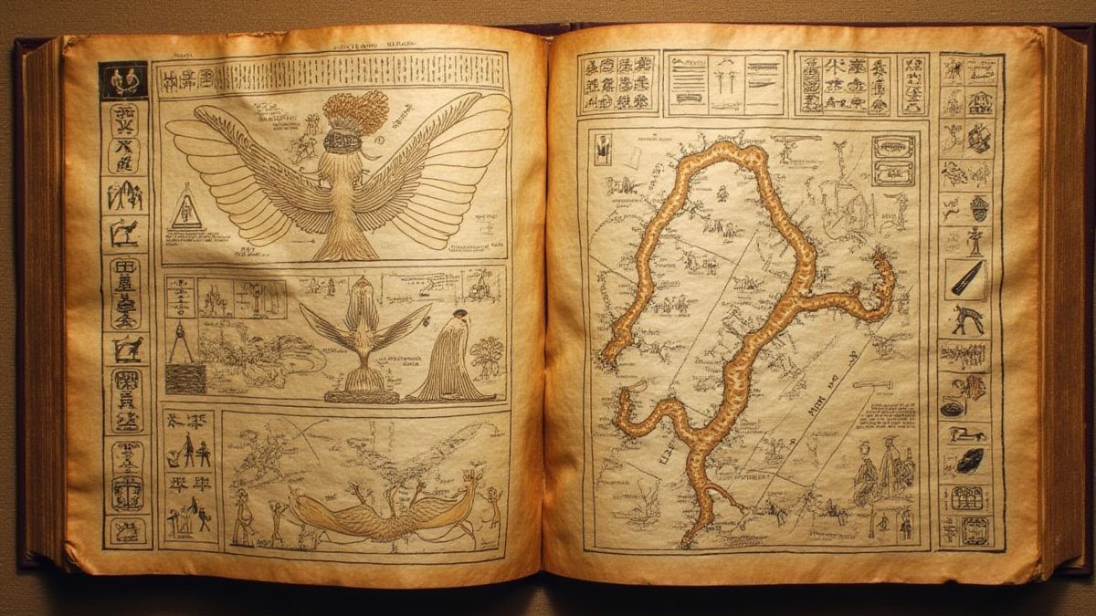 Un diario antiguo con jeroglíficos egipcios y mapas misteriosos.