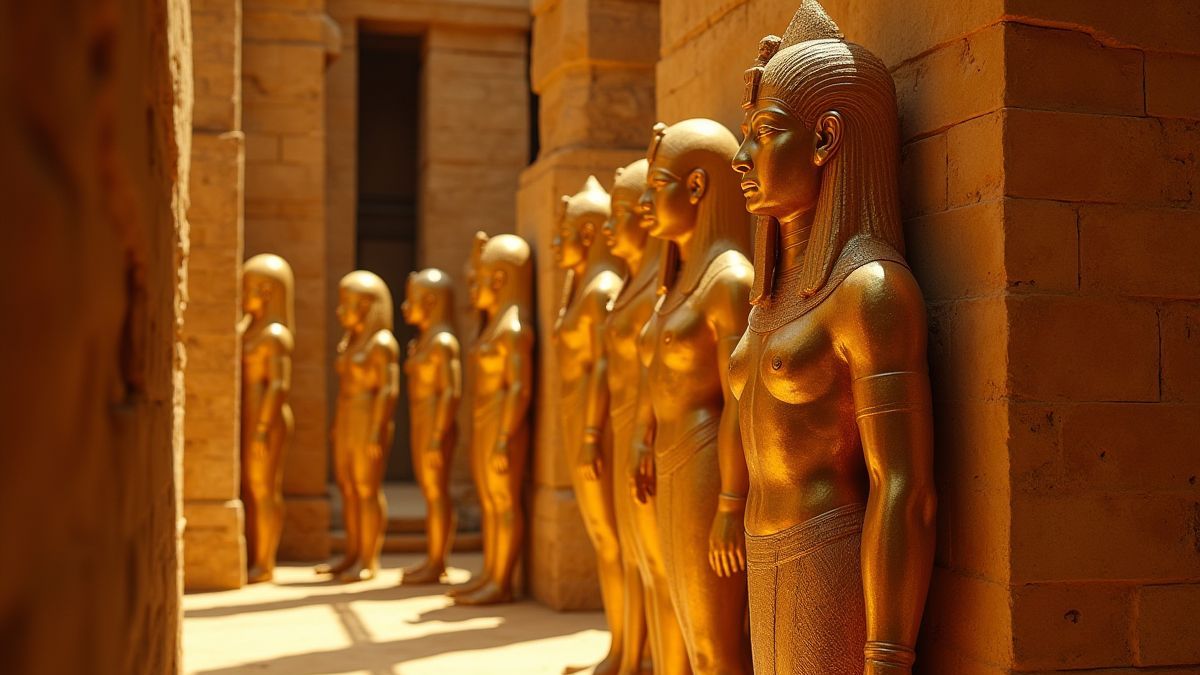 Estatuas doradas en un templo egipcio antiguo.