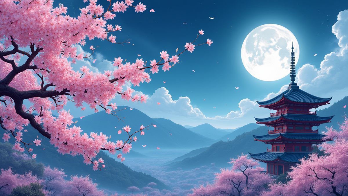 Flores de cerezo y una pagoda china bajo la luz de la luna.