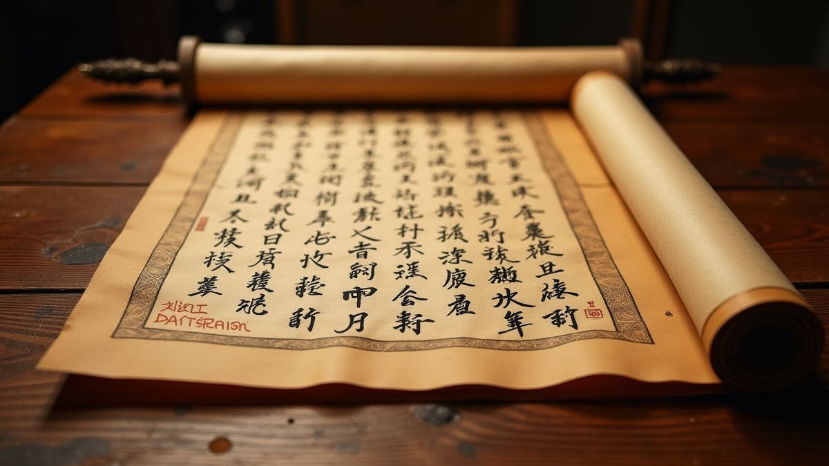 Un pergamino con caligrafía china tradicional sobre un escritorio de madera.