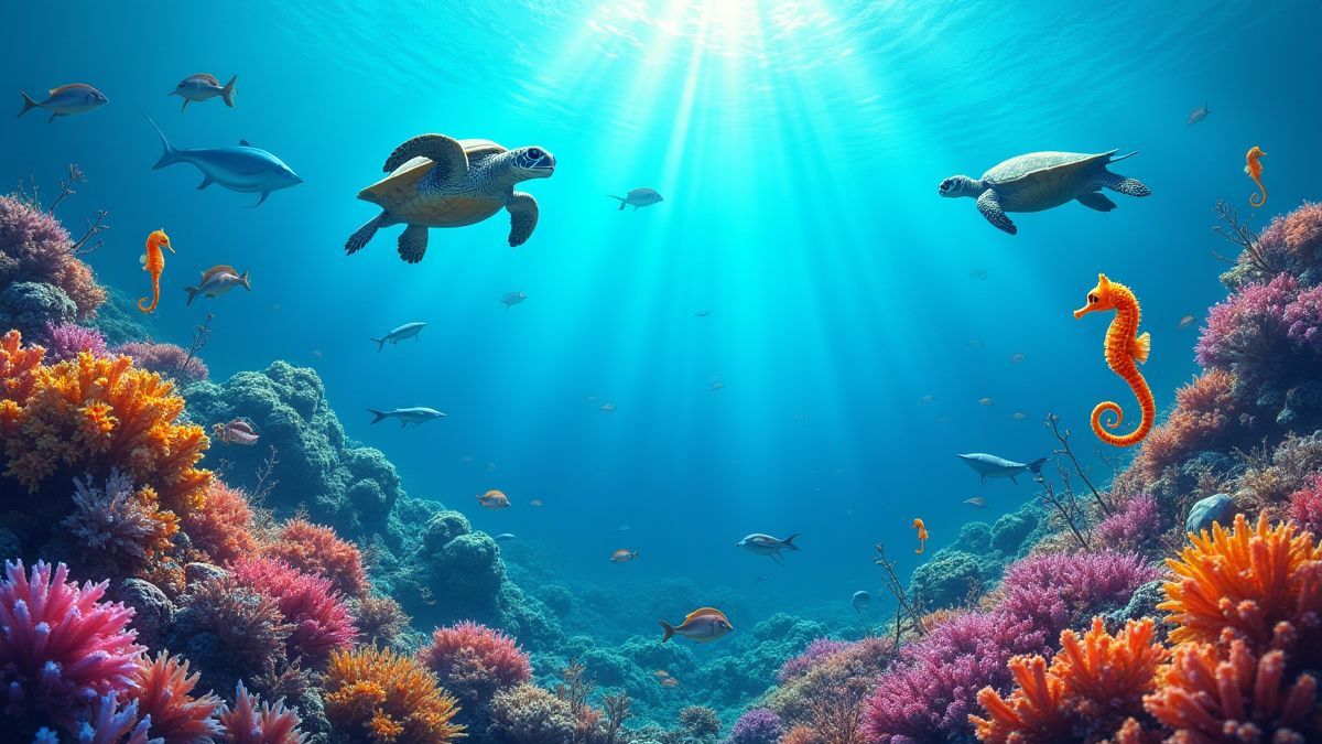Unterwasserszene mit Korallenriffen und Meereslebewesen.