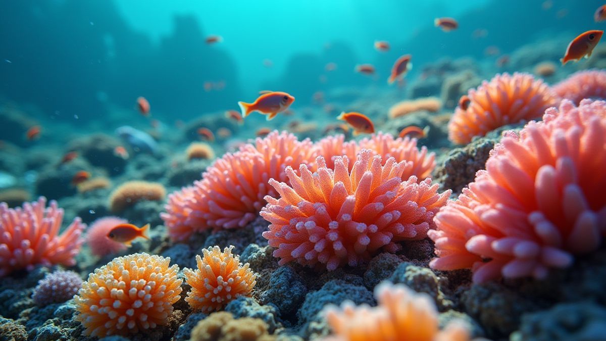 Korallenriffe mit tropischen Fischen, die herumschwimmen.