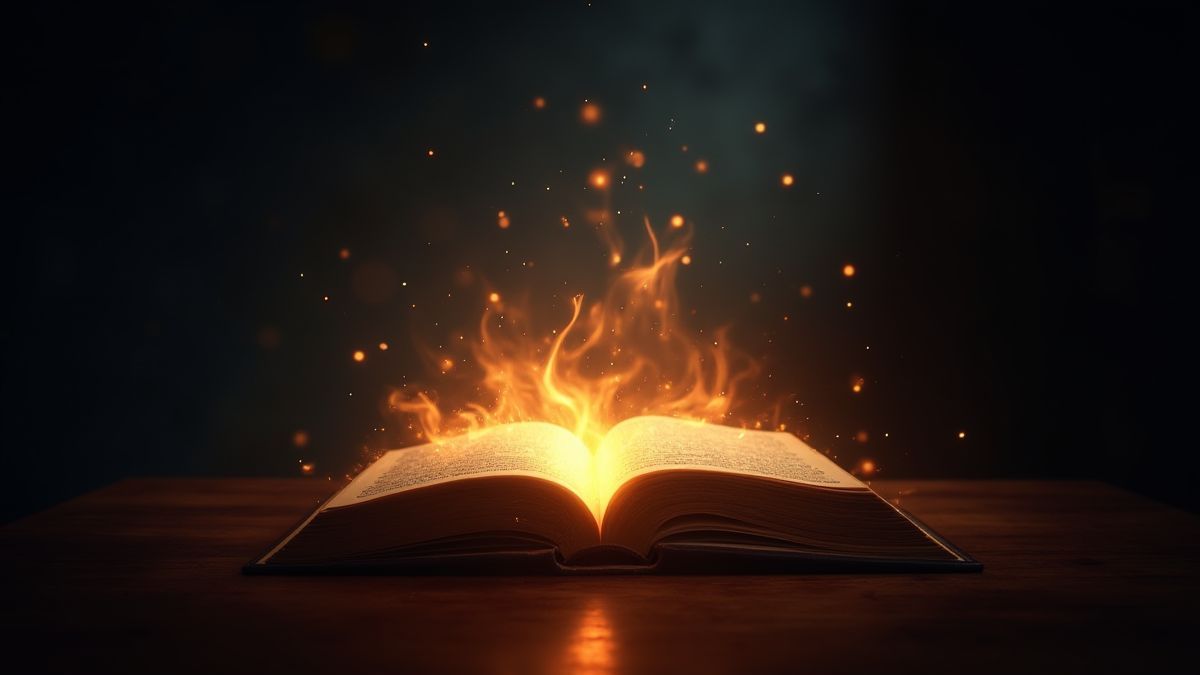 A magical book glowing in a dark room.