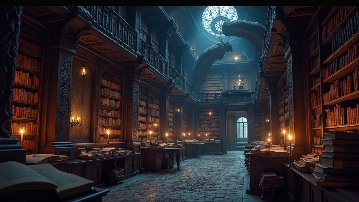 An enchanted library with glowing books and a mystical atmosphere.