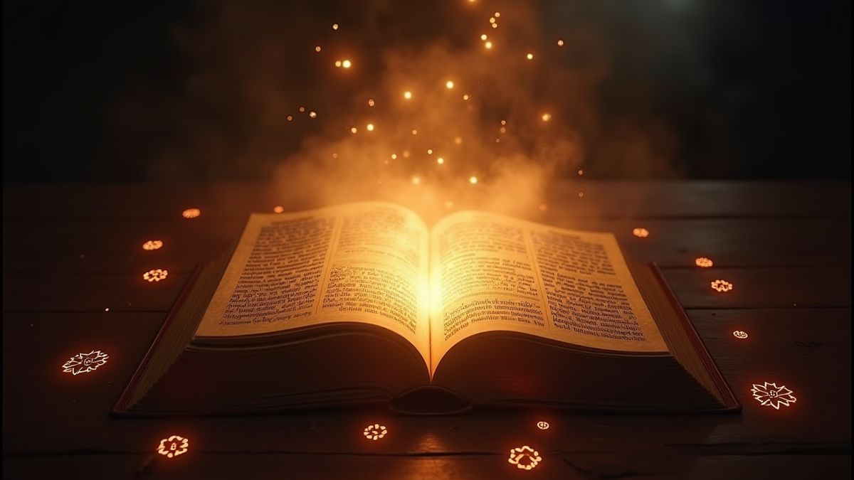 An ancient book glowing surrounded by magical symbols.
