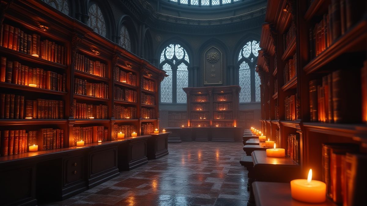 A magical library with glowing shelves and floating candles.