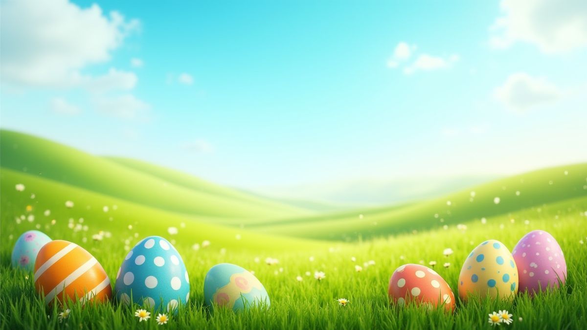Eine grüne Wiese mit bunten Ostereiern, die über die Landschaft verteilt sind.