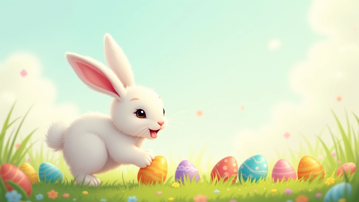 Ein weißes Kaninchen, das zwischen Ostereiern in einer Wiese hüpft.