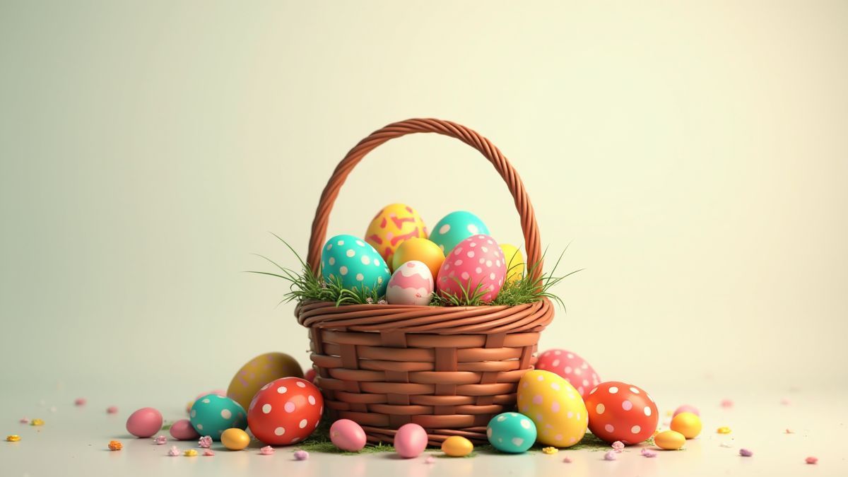 Ein festlicher Ostkorb voller bunter Eier und Süßigkeiten.