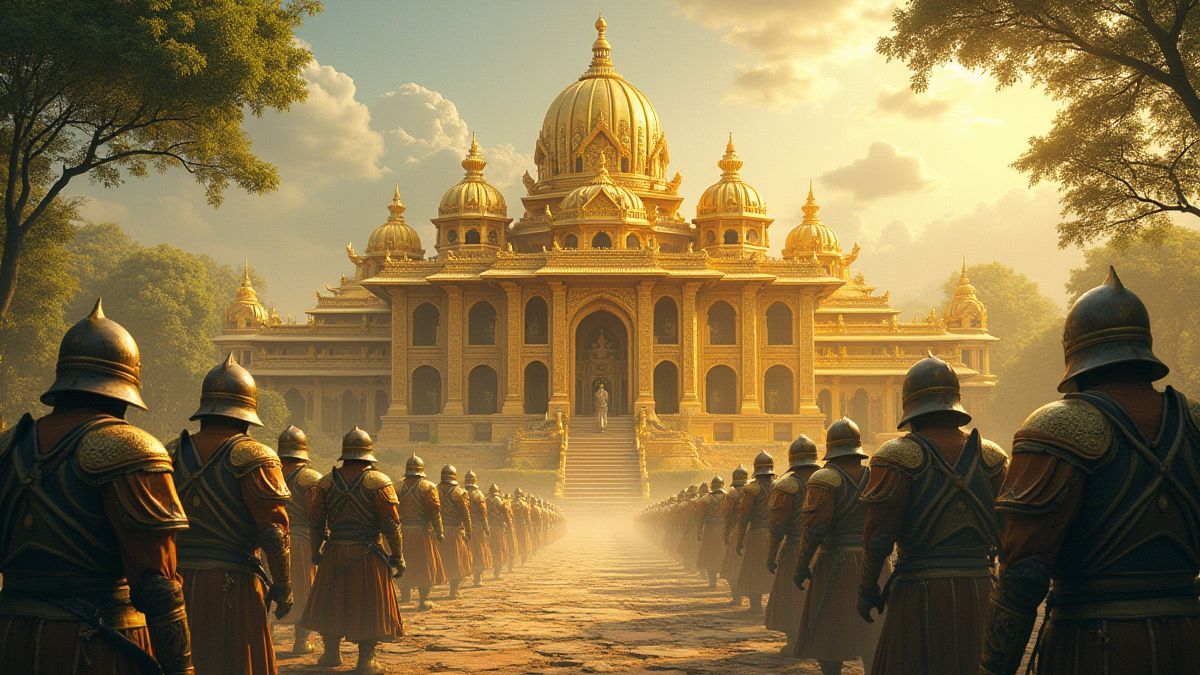 Palacio dorado rodeado de vegetación y guerreros en armadura tradicional.