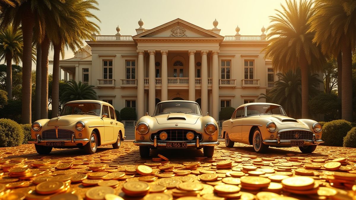 Mansão luxuosa com carros antigos e moedas douradas