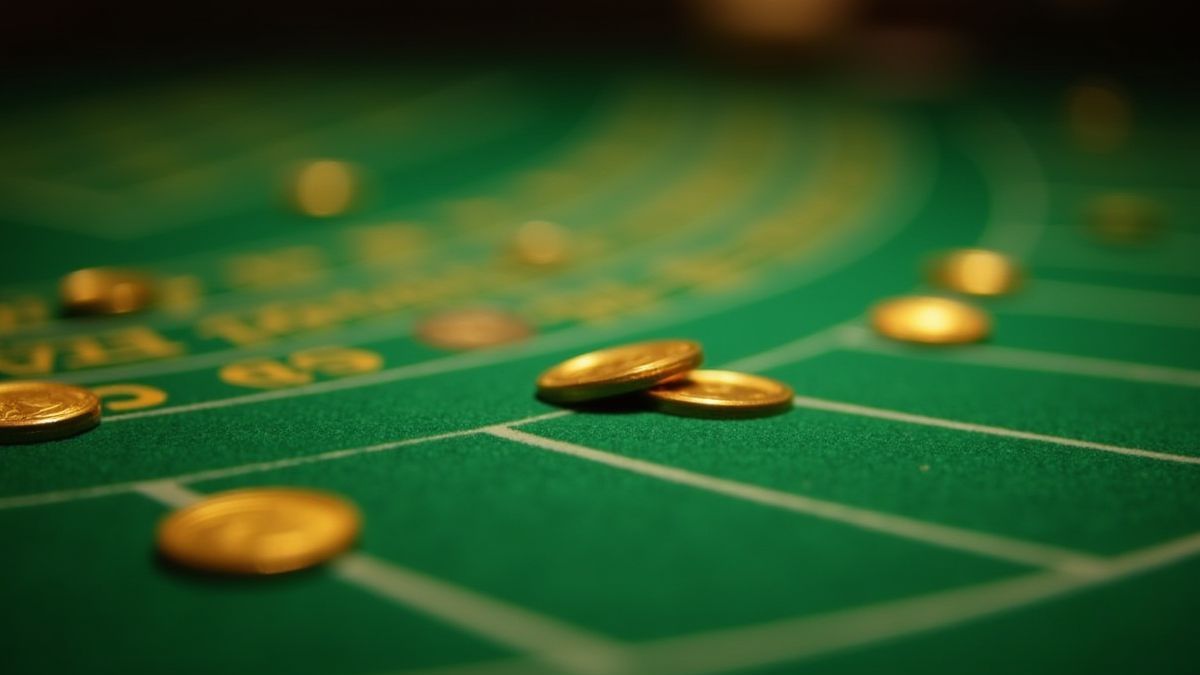 Moedas douradas em uma mesa de casino verde