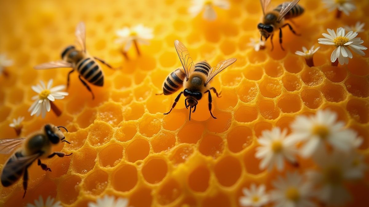 Een gouden honingraat omgeven door bloemen en zoemende bijen.