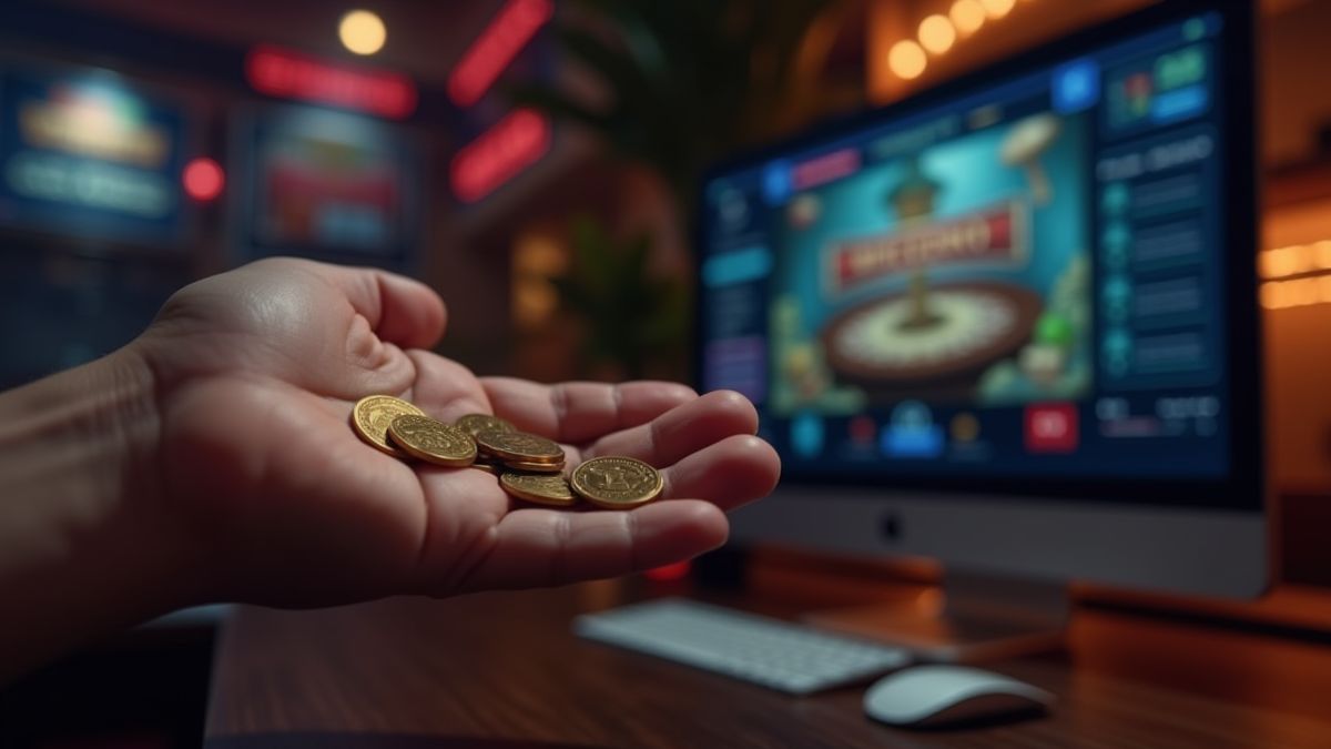 Hand die munten vasthoudt naast een casino gameplay scherm.
