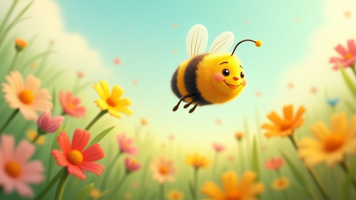 Een geanimeerde bij die rondvliegt in een weiland vol kleurrijke bloemen.
