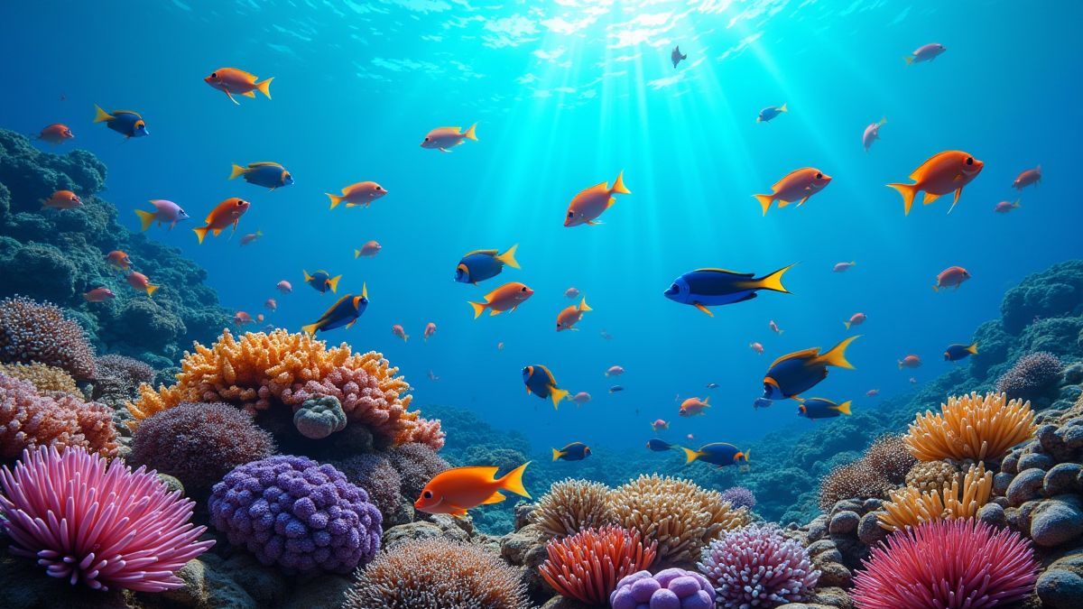 Recife coralino com peixes tropicais nadando