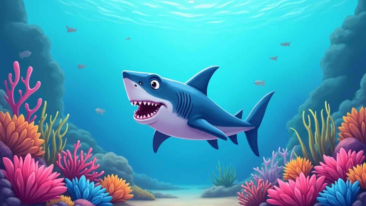 Um tubarão estilo cartoon rodeado de coral colorido
