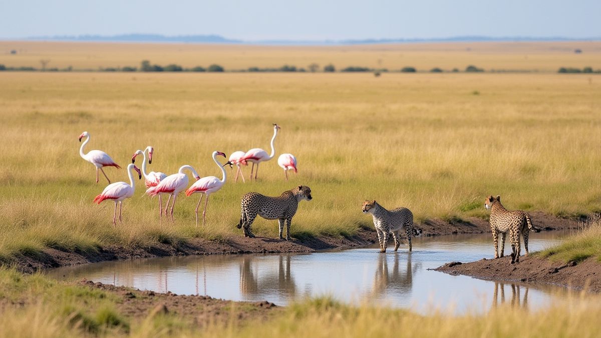 Wilde dieren op de Afrikaanse savanne nabij een vijver.