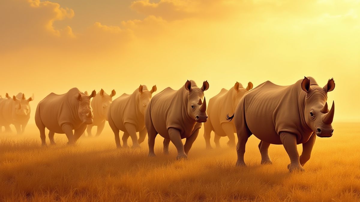 Een stampede van rhinoceros-symbolen op een gouden savanne.