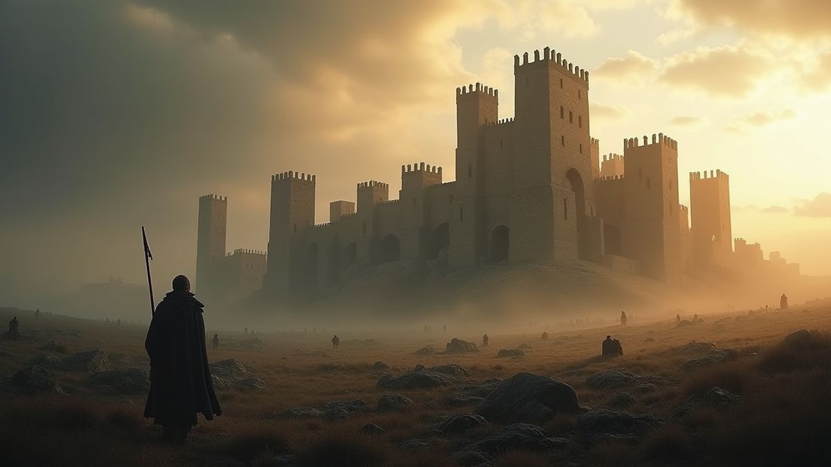 Ruïnes van een kasteel te midden van een slagveld.