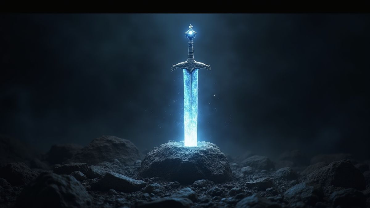 Glanzend zwaard ingebed in een steen, omringd door mystiek licht.