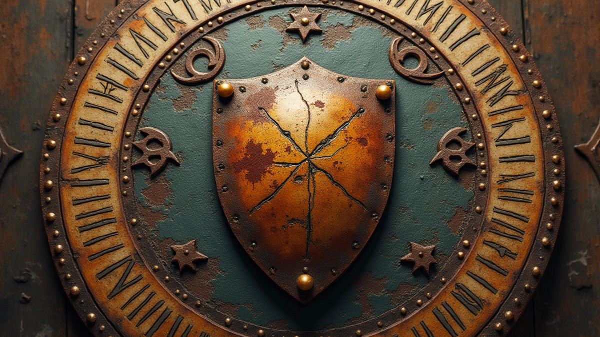 Schild met strijdmerken omringd door oude runen.