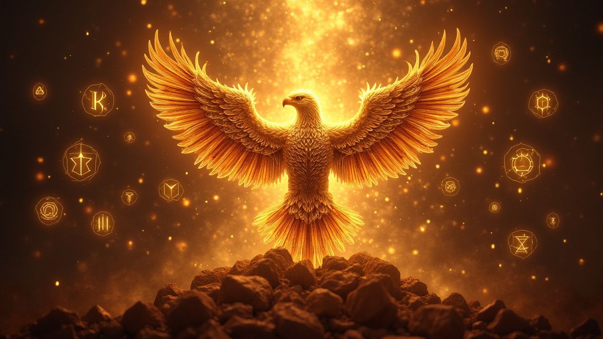 Runas mágicas transformando-se em águias e elfos sob uma luz dourada.
