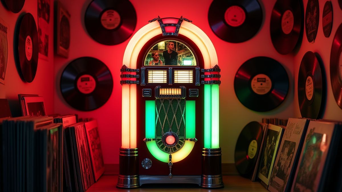 Un jukebox de los años 50 rodeado de discos de vinilo y luces de neón.