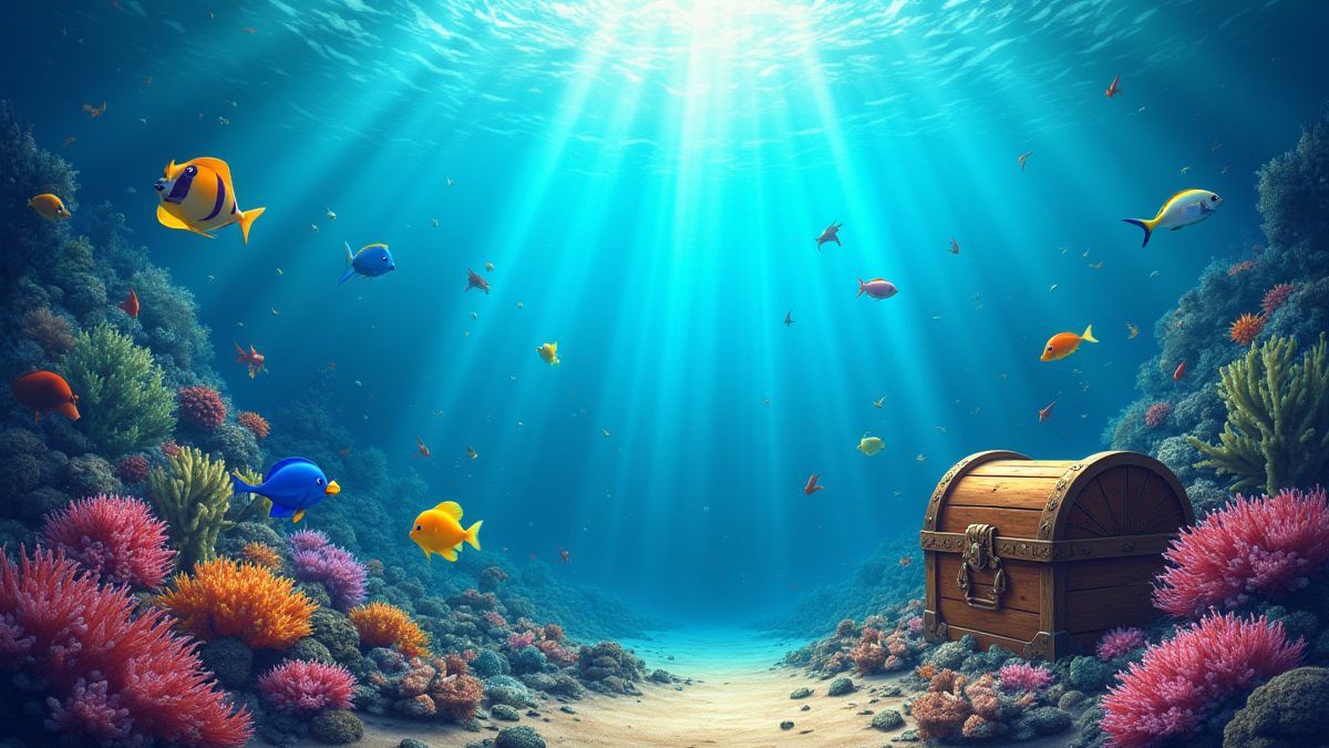 Underwater scene with lively fish and a treasure chest.