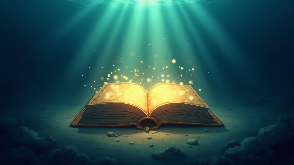 A treasure book illuminated underwater.