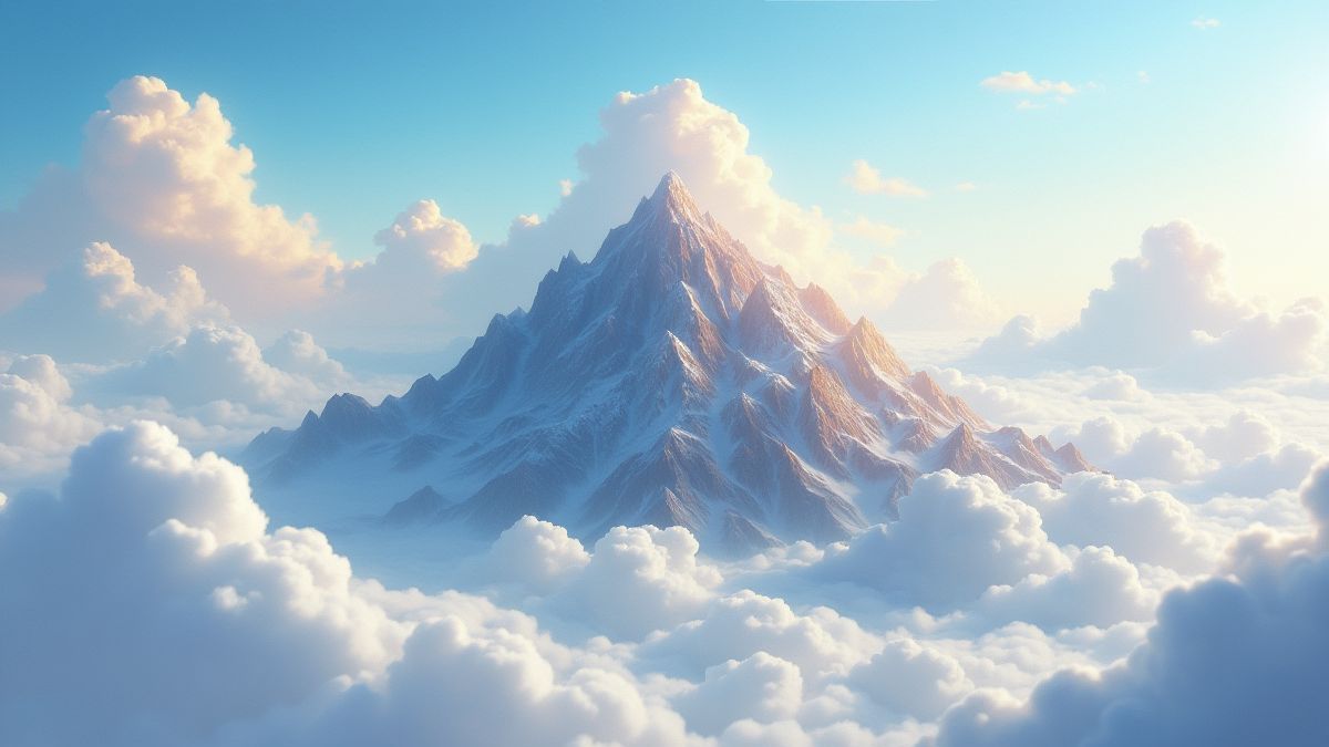 Mount Olympus surrounded by clouds in animated style.