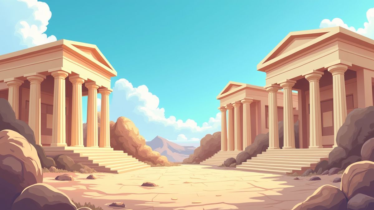 Greek temples and columns in a vibrant animated design.