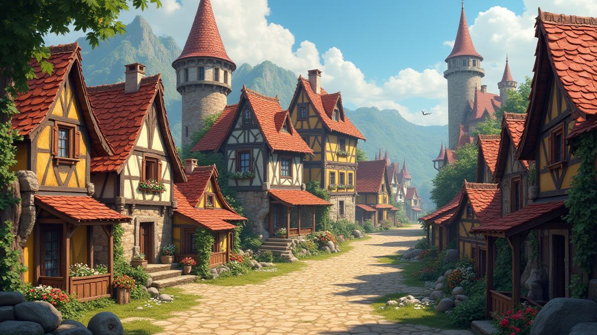 Ein mittelalterliches Dorf mit bunten Häusern und verstreuten Schätzen.